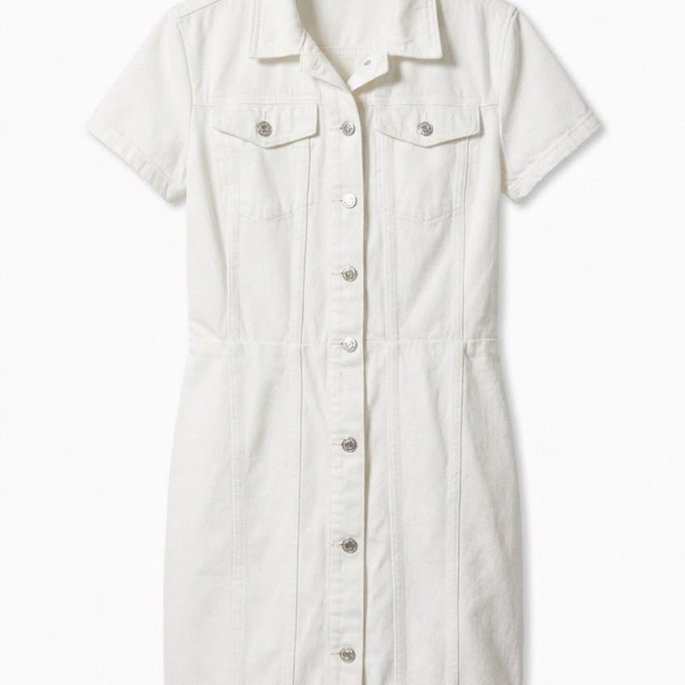 Cotton denim shirt dress, Mango (MNG), white button-front mini dress, Size 8